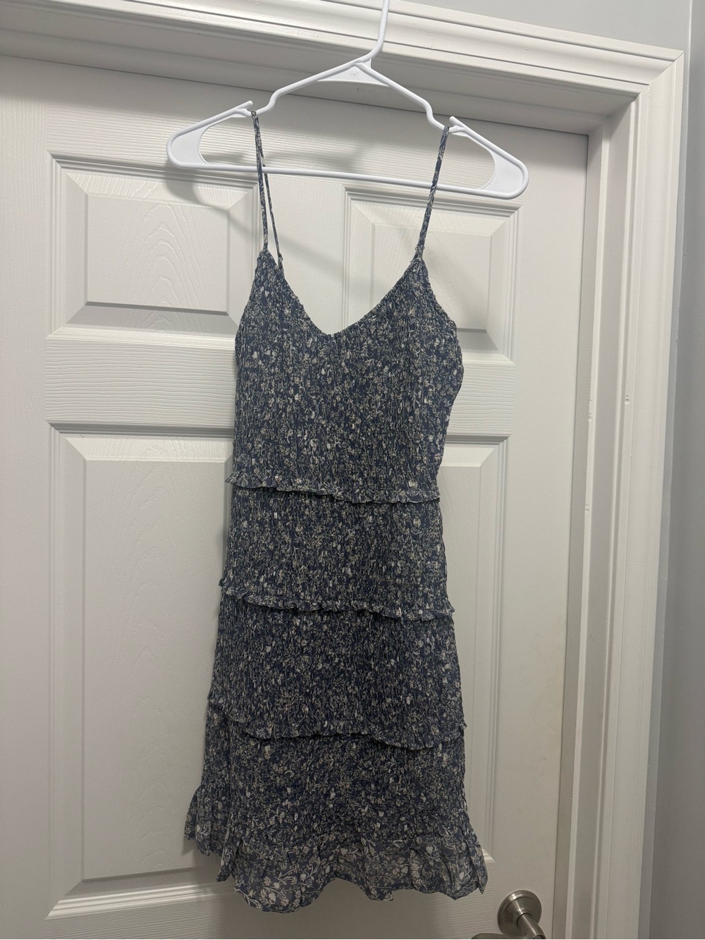 Blue Floral Tiered Spaghetti-Strap Mini Dress